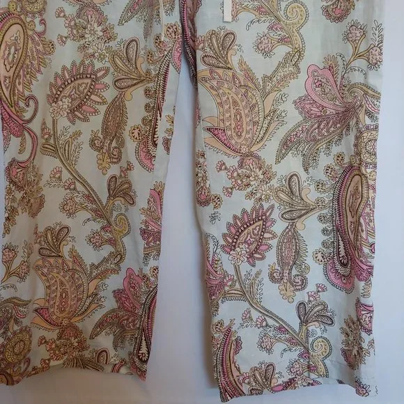 Tommy Hilfiger 100% linen pale blue, pink, gold paisley pastel crop pants SZ 10 - Picture 3 of 10